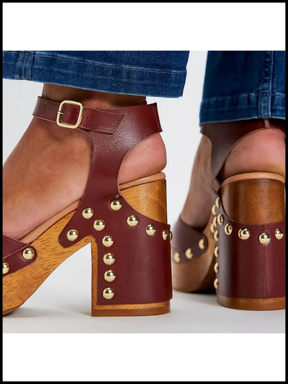 Studded Platform Clogs for Women - Chunky Heel Ankle Strap Closed Toe Leather - Picture 5 of 6